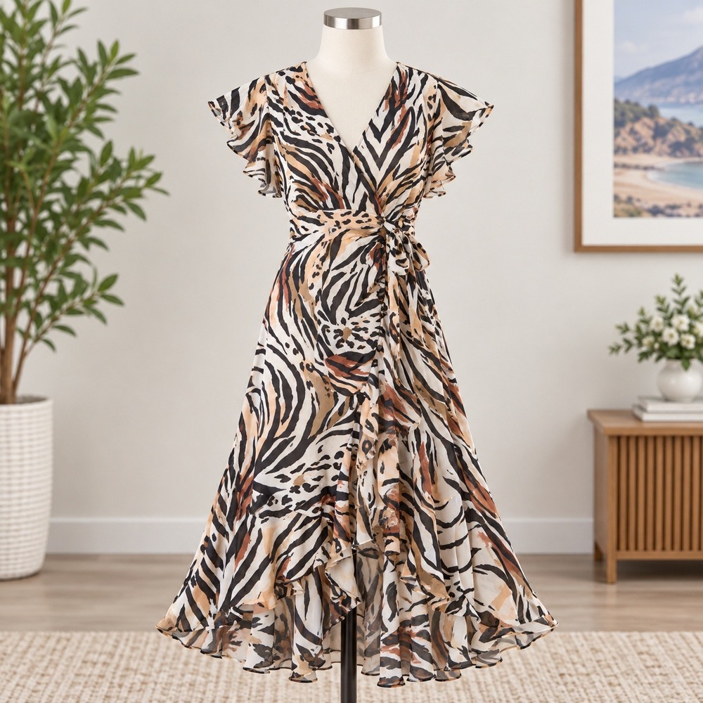 H&M Animal Print Midi Dress Womens 6 Multi Color Zebra Leopard Ruffle High Low